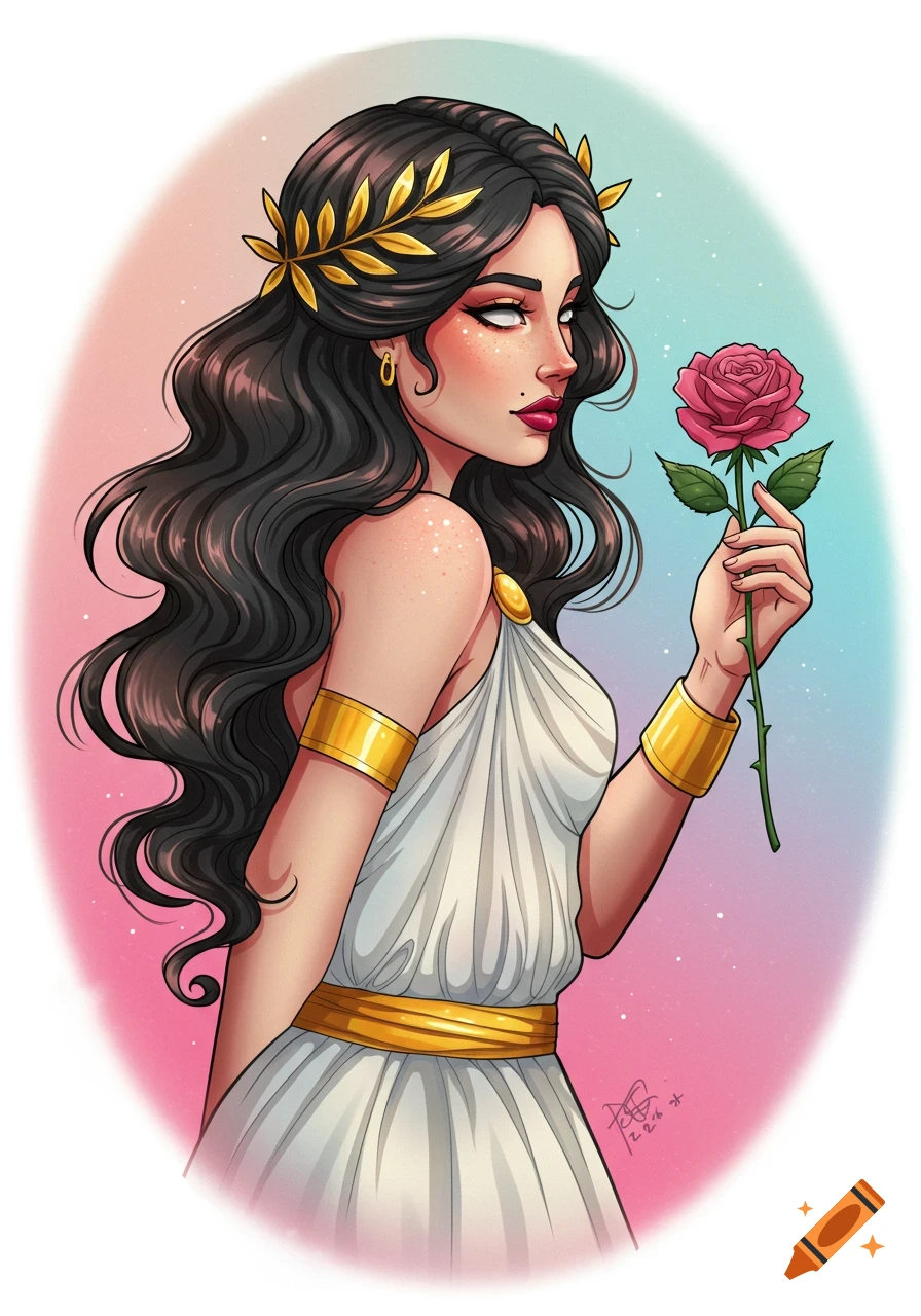 Illustration of a woman dressed as a Greek goddess holding a rose