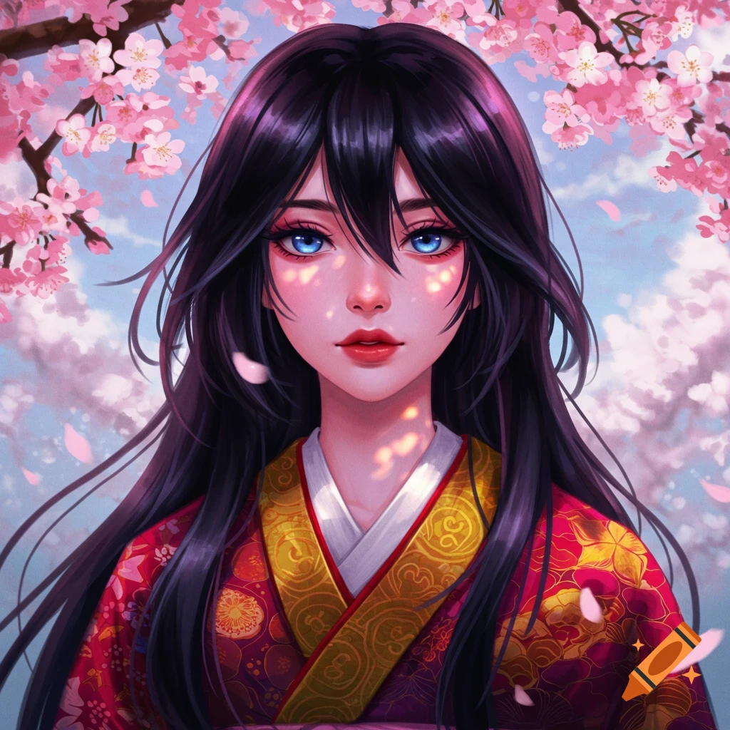 Anime portrait of a woman in a kimono surrounded by cherry blossoms