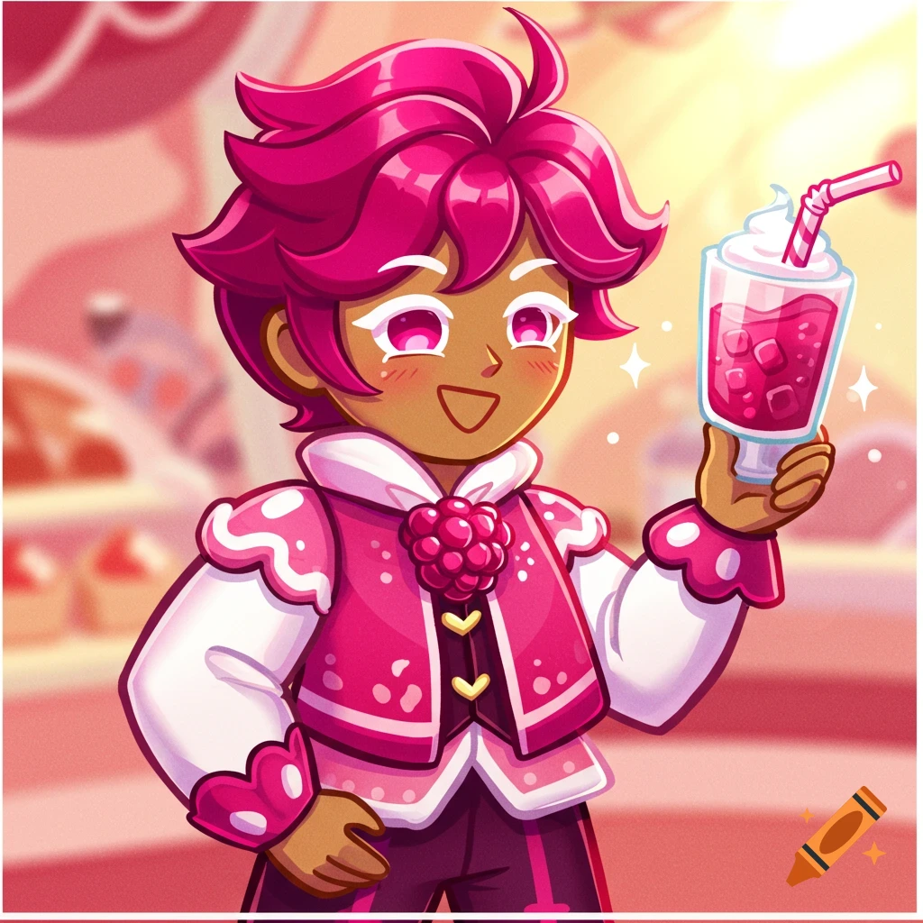Cartoon character with pink hair in a pink suit holding a raspberry soda.