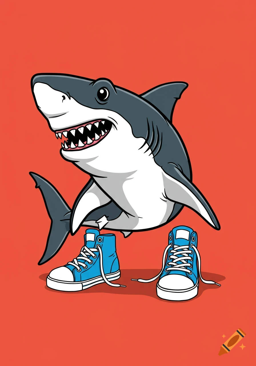 Cartoon illustration of a shark wearing blue sneakers against an orange background.