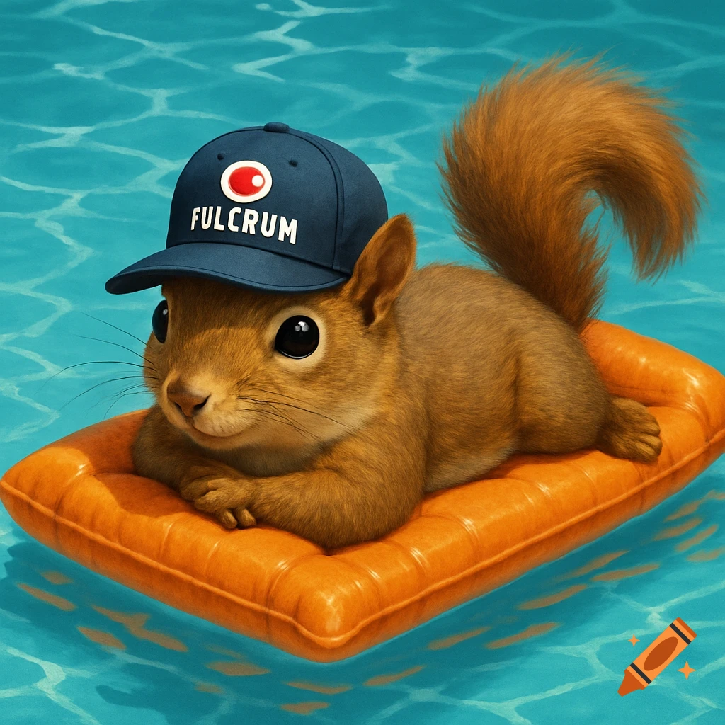 A squirrel in a cap floats on an orange raft in a swimming pool