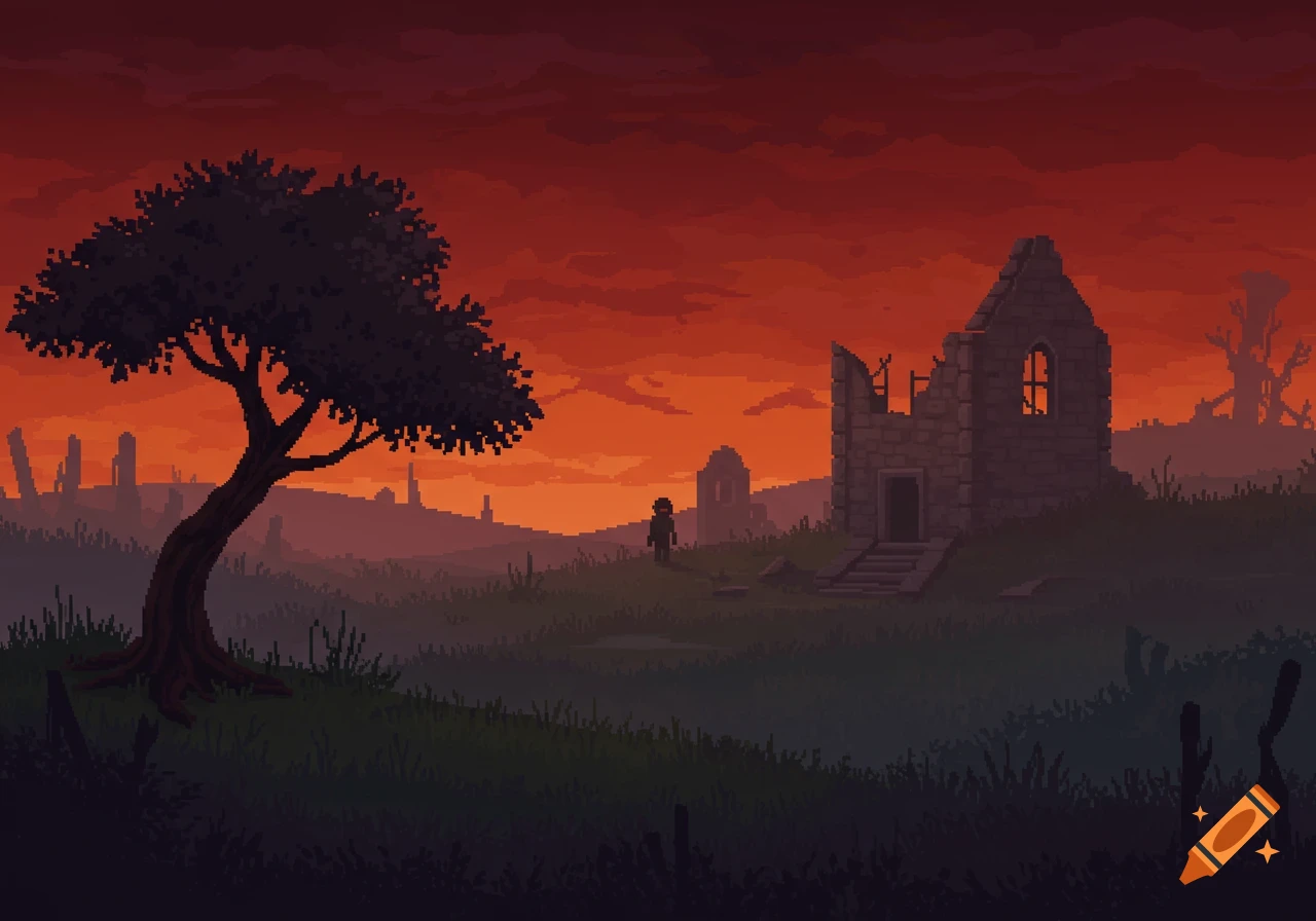 Pixel art landscape with ruins, a large tree, and a lone figure under a dark orange sky.