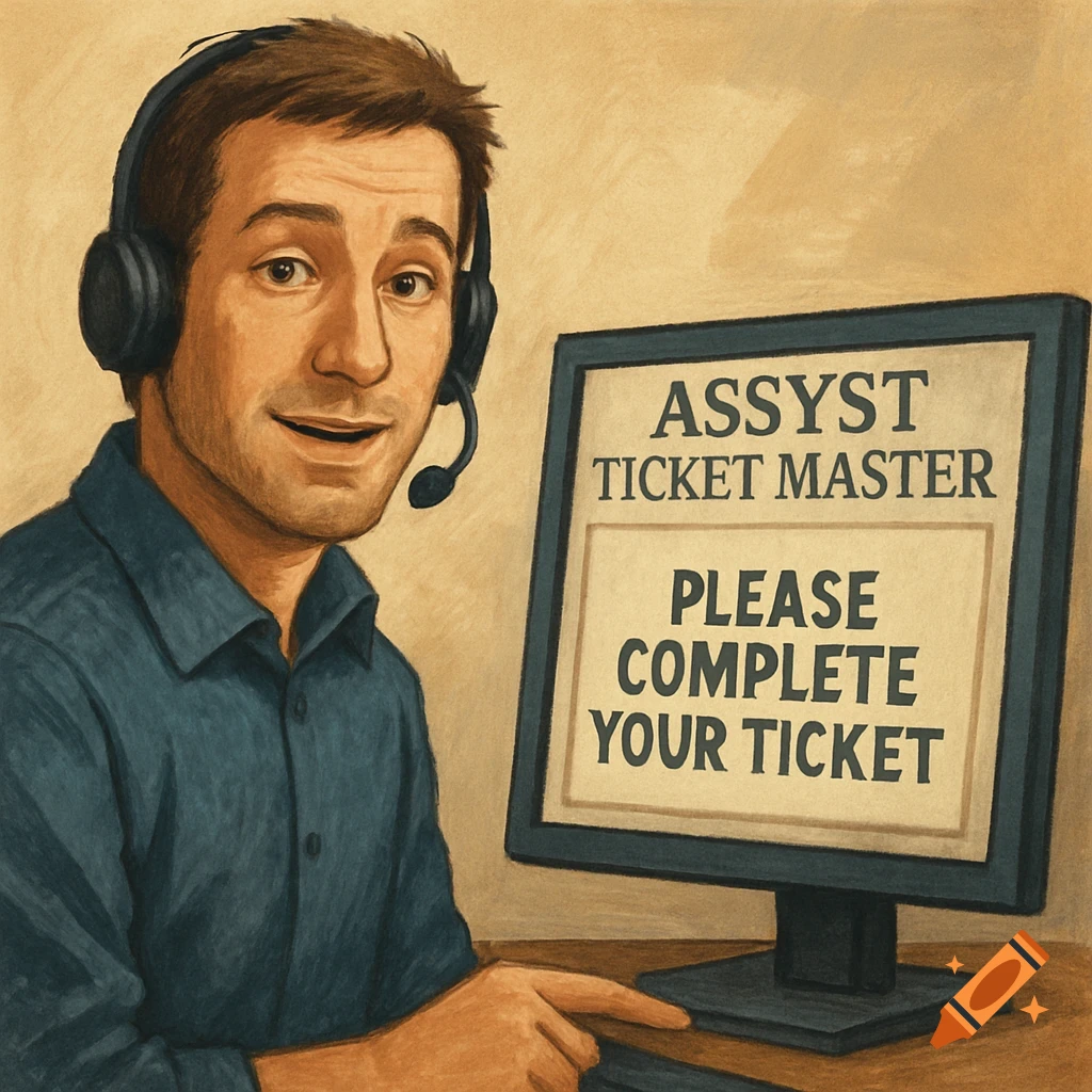 A painted illustration of a man with a headset pointing at a computer screen displaying text.