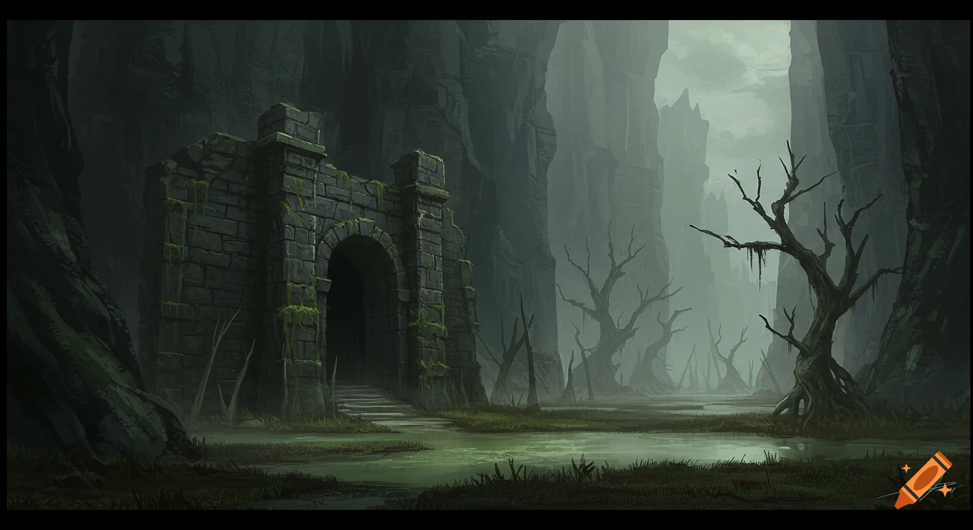 Dark fantasy painting of ancient stone ruins in a swamp surrounded by cliffs.