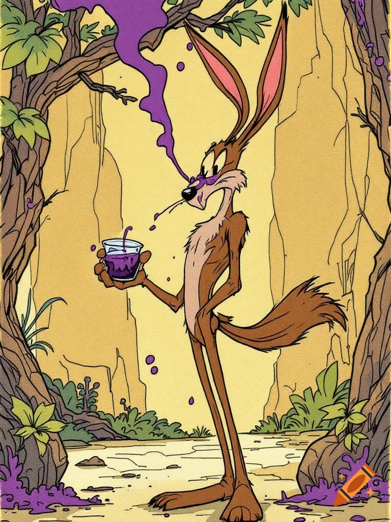 Wile E. Coyote in a cartoon style holds a beaker of purple liquid dripping from a tree.