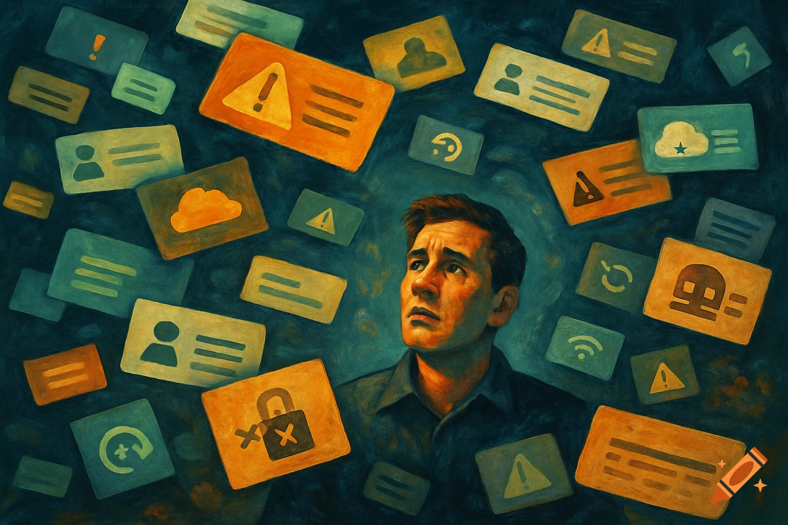 Painting of a troubled man surrounded by floating cards with data and security icons.