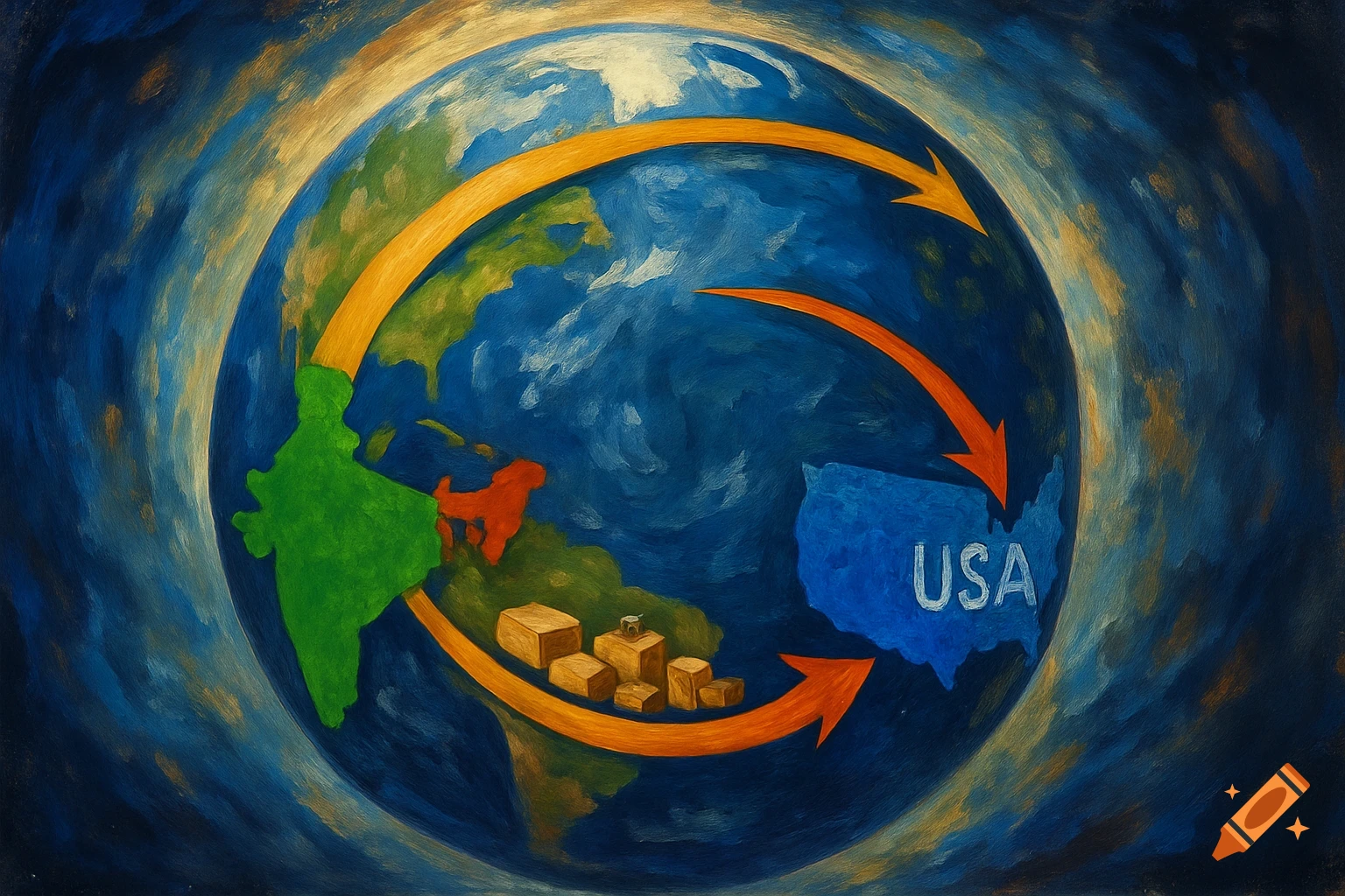 Painted globe with India, China, and USA highlighted, showing trade arrows and boxes.