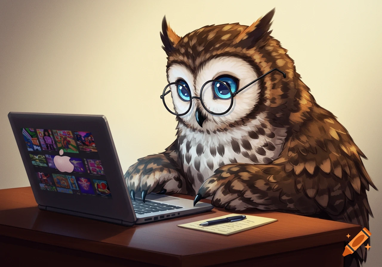 An anthropomorphic owl wearing glasses sits at a desk working on a laptop.