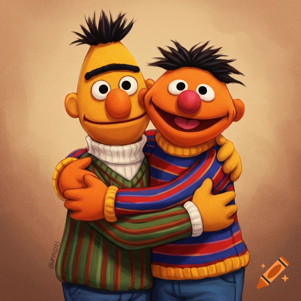 Bert and Ernie hug in a digital painting.