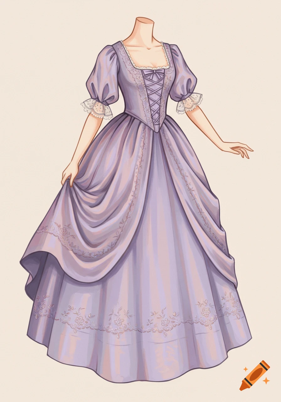 An illustration of a purple historical dress with lace details worn by a headless figure.