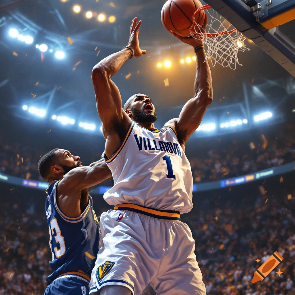 Basketball player in a Villanova jersey dunks over opponent in a brightly lit arena.