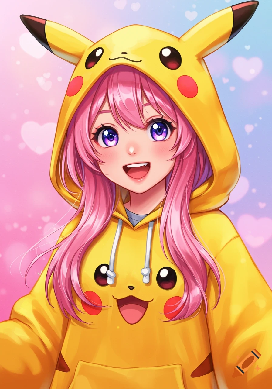 Close-up anime portrait of a girl with pink hair wearing a yellow Pikachu hoodie.