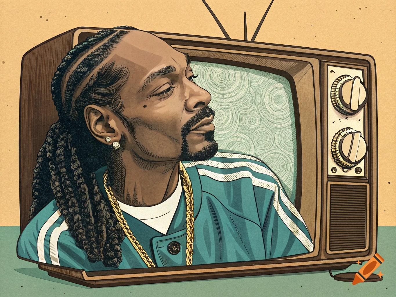 Illustration of Snoop Dogg looking at a vintage television set.