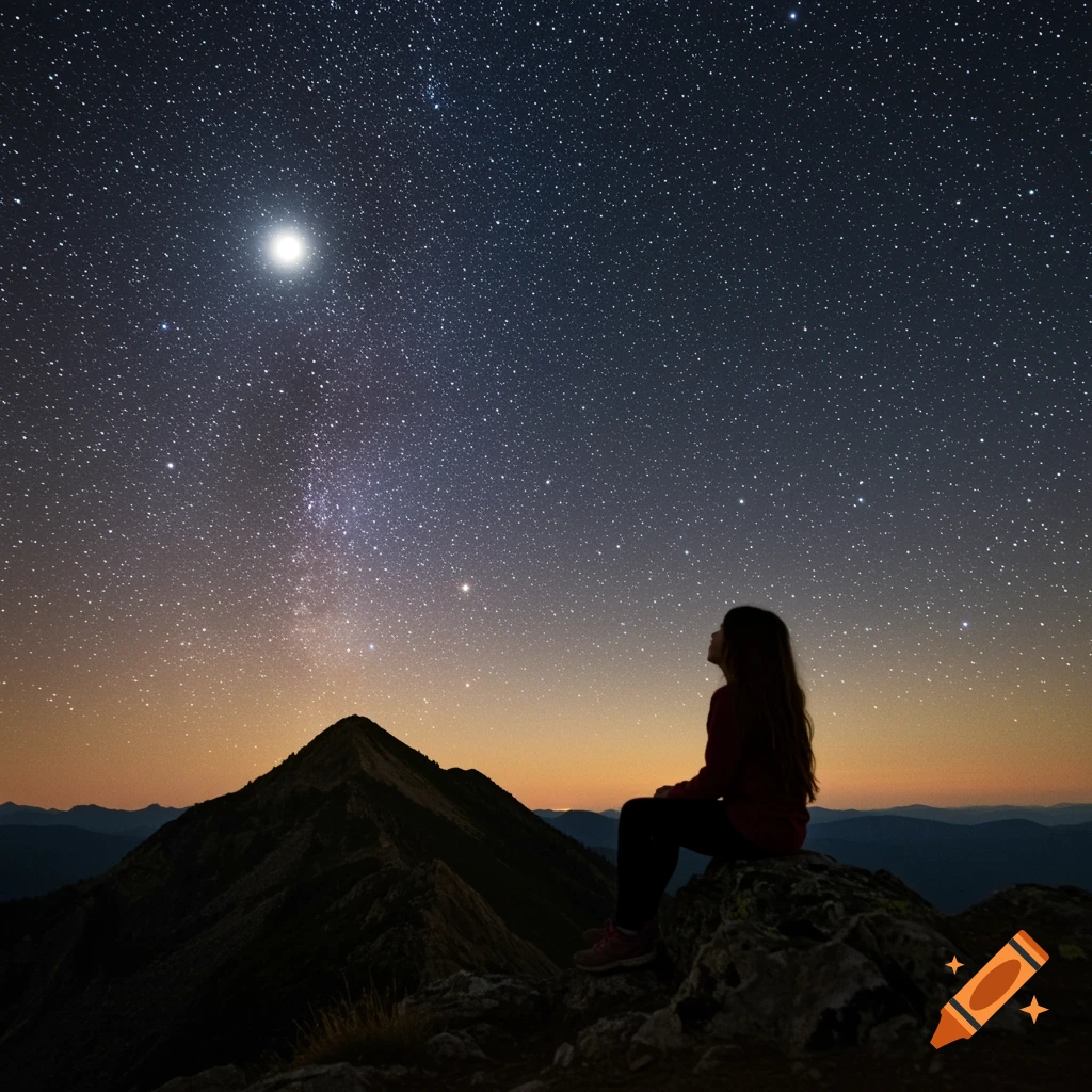 Silhouette of a girl sitting on a mountain peak looking up at a starry night sky.