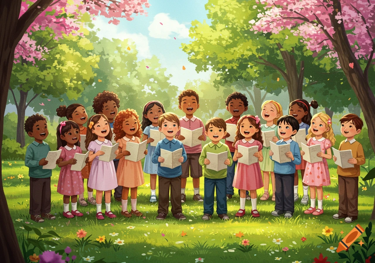Diverse children's choir singing from books in a spring park with blooming trees
