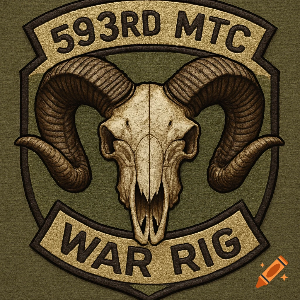 Military style patch with a ram skull and text '593RD MTC' and 'WAR RIG'.