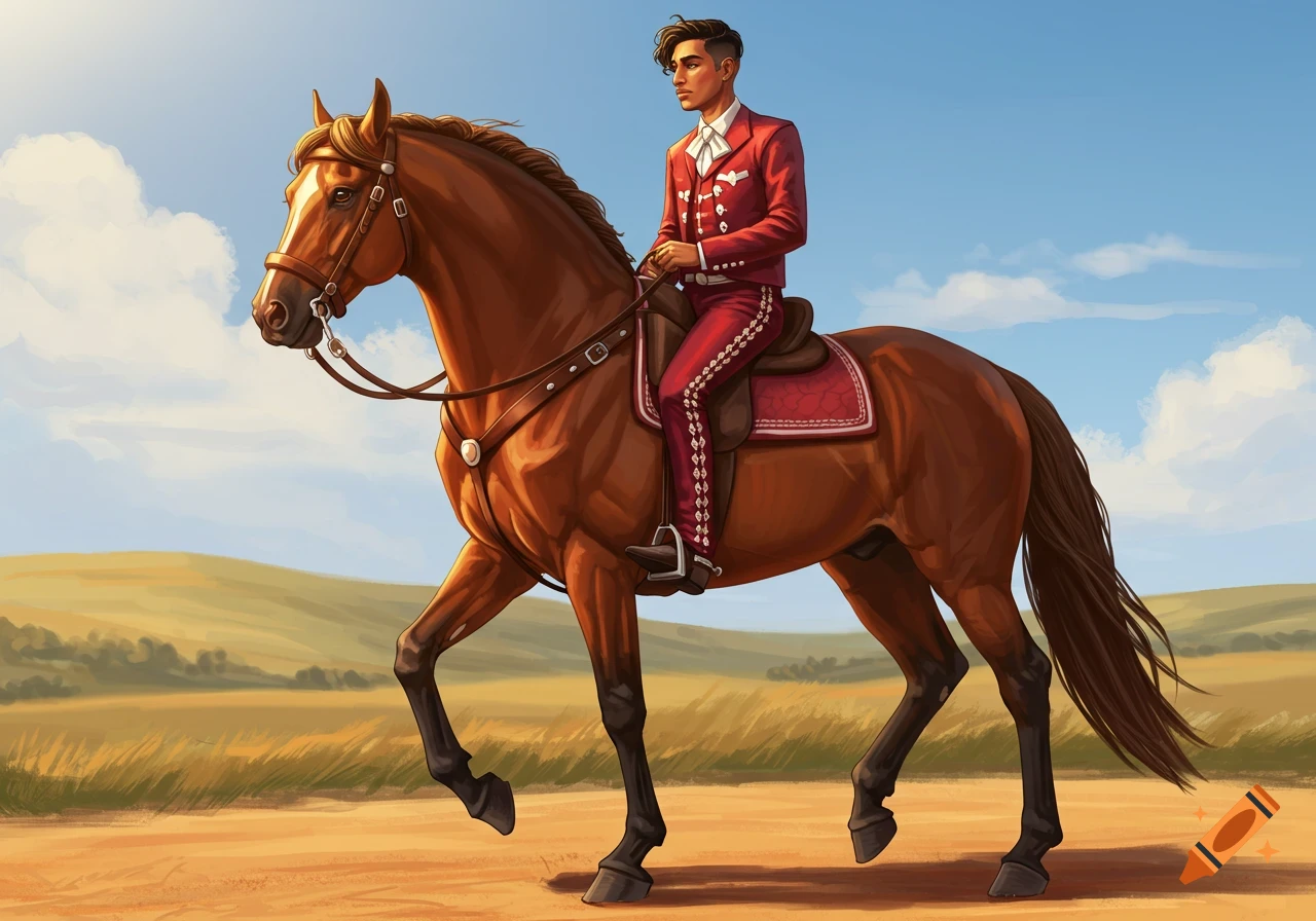 A person in a red suit rides a brown horse through a field.