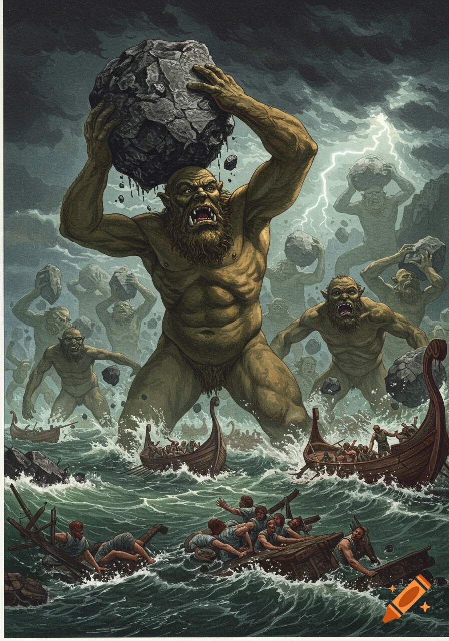 Fantasy illustration of giants throwing rocks at ships in a stormy sea.