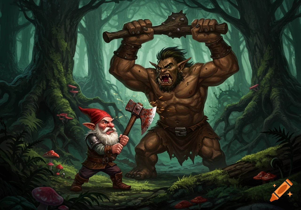 A small gnome fights a large troll in a dark forest.