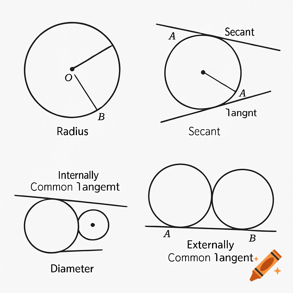Geometry diagrams illustrating radius, secant, tangents, and common tangents.