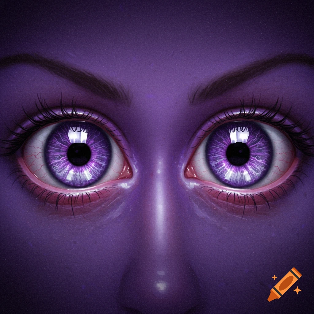 Close-up of bright purple eyes with reflective pupils on purple skin.