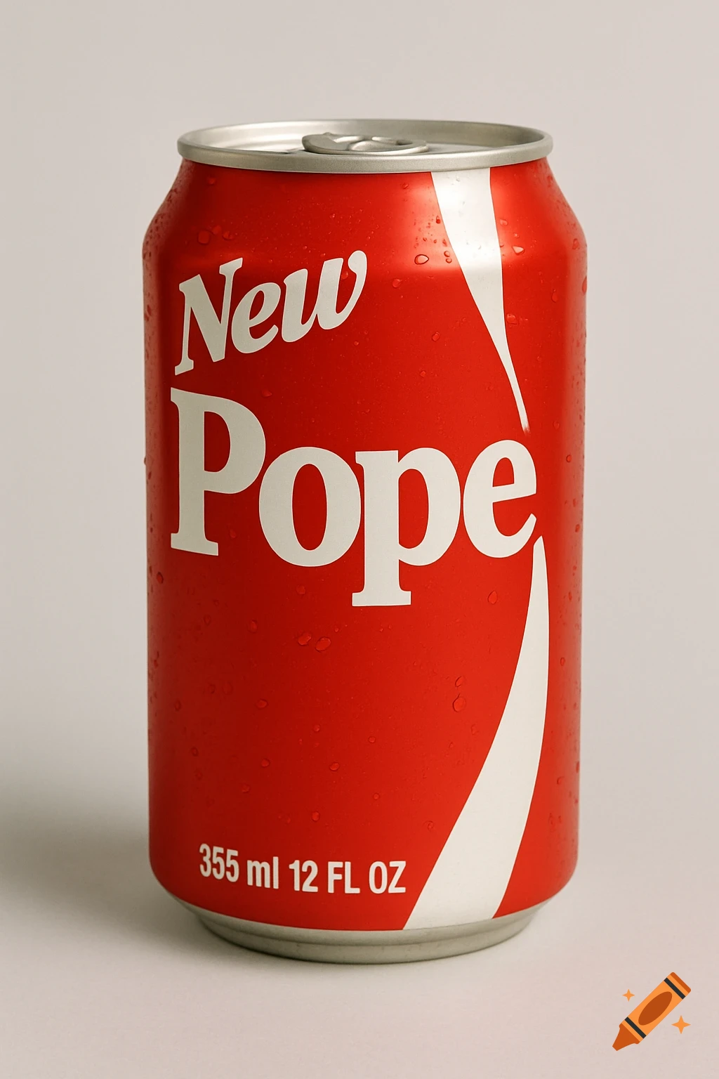 A red soda can with water droplets says 'New Pope'.