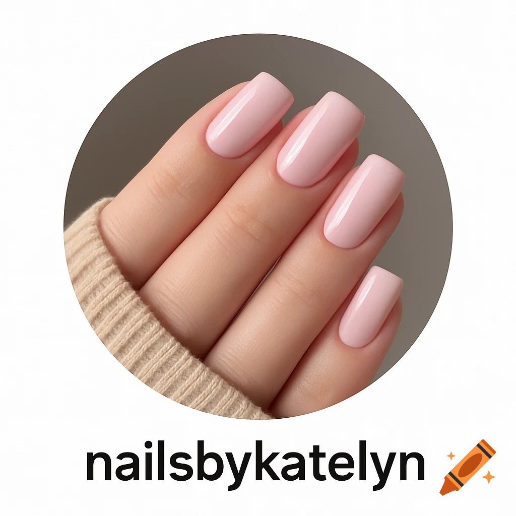 Close up of a hand with light pink square nails in a circular frame above the text "nailsbykatelyn".