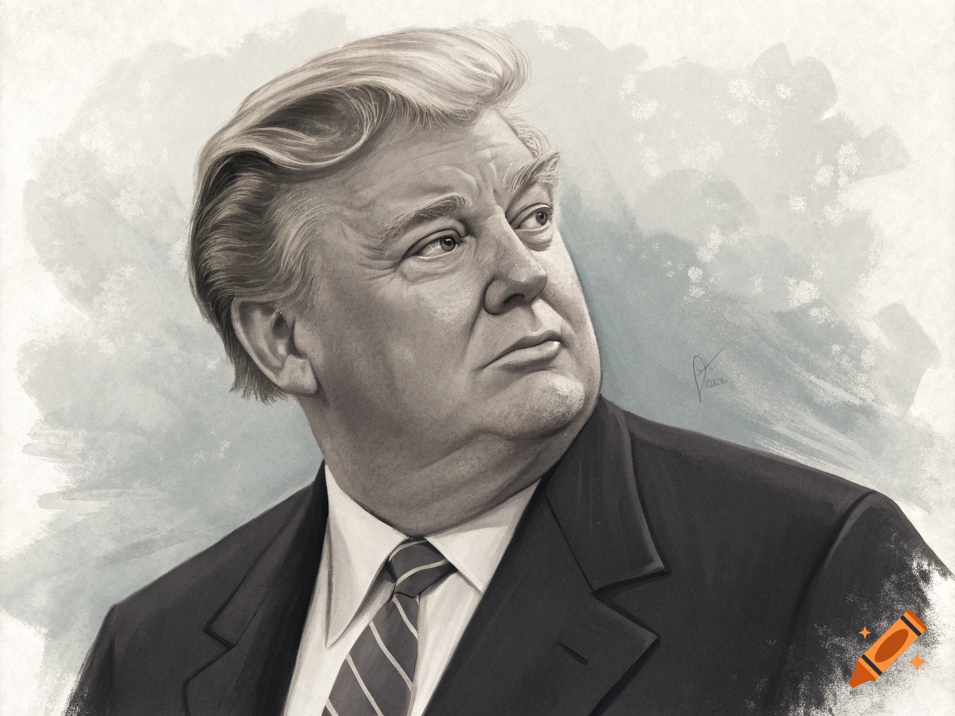 A black and white watercolor portrait of a man resembling Donald Trump in a suit and tie.