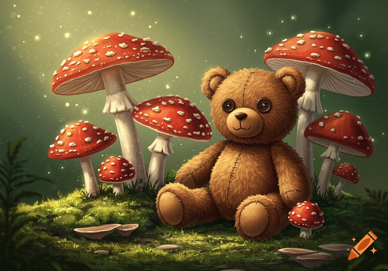 A teddy bear sits among large red and white spotted mushrooms in a glowing forest.