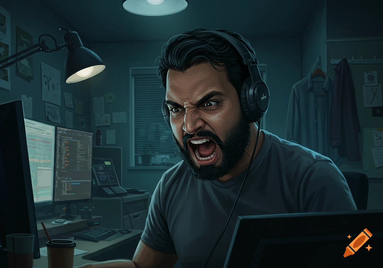Illustration of an angry man in headphones yelling at a computer monitor in a dark room.