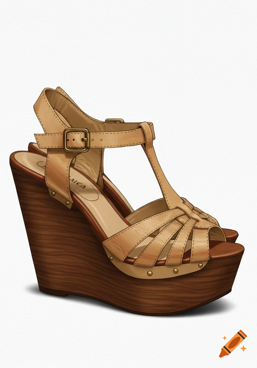 Pair of tan leather wedge sandals with wood heels.