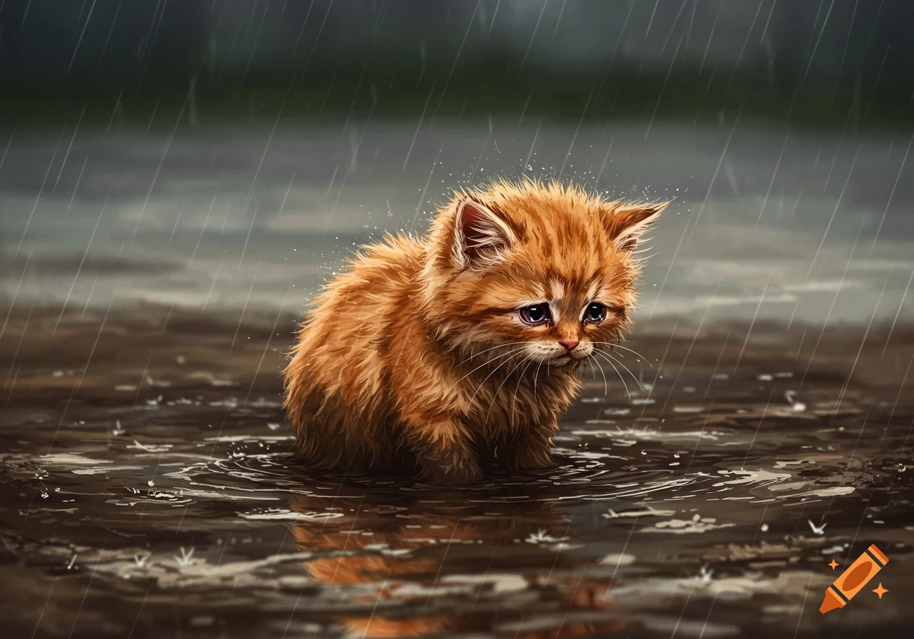A sad orange kitten stands in the mud during the rain.