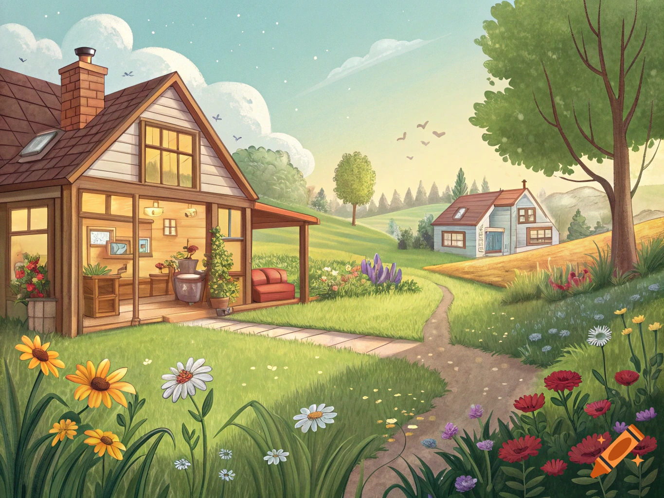 A cartoon illustration of a house in a meadow filled with flowers, with another house in the background.