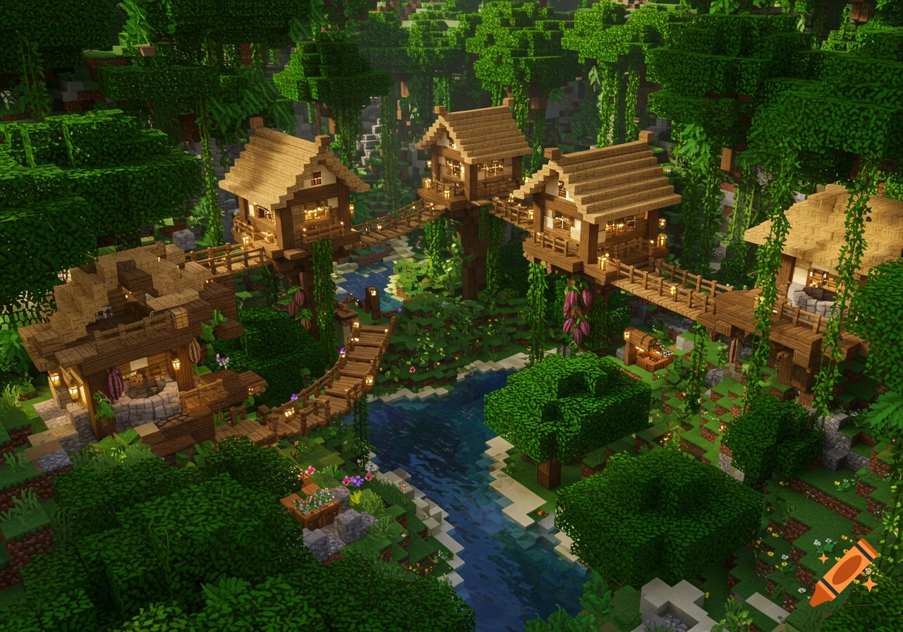 A Minecraft jungle village with treehouses, bridges, and a river.