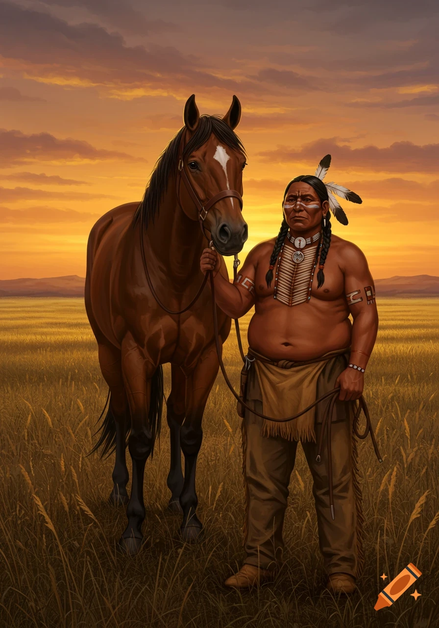 Native American man with face paint standing next to a horse in a grassy field at sunset.