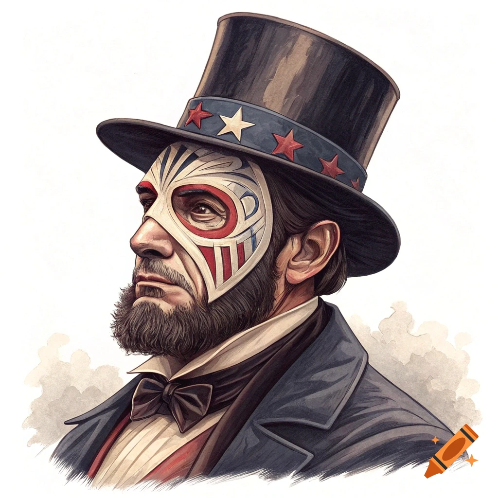 Watercolor bust portrait of a man resembling Abraham Lincoln wearing a top hat with stars and a wrestling mask.