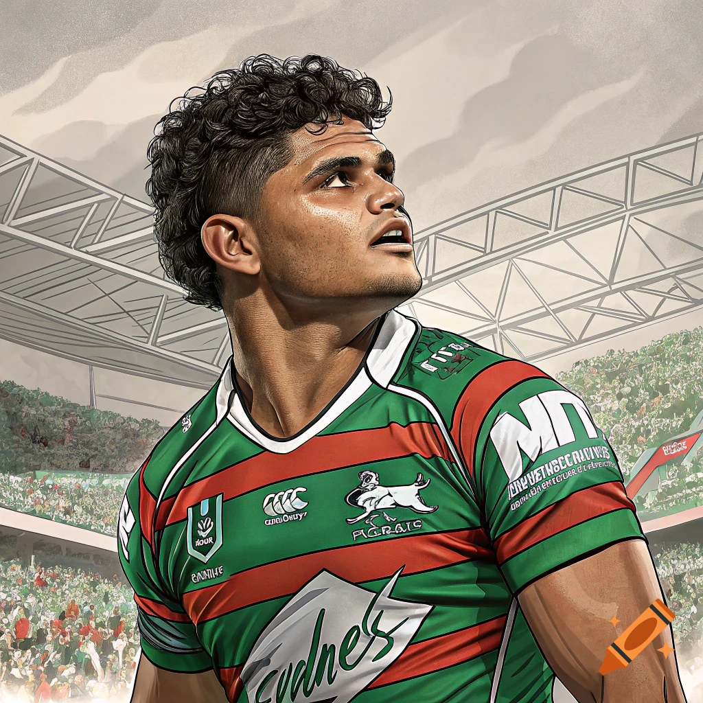 Stylized portrait of a rugby player in a green and red jersey in a stadium
