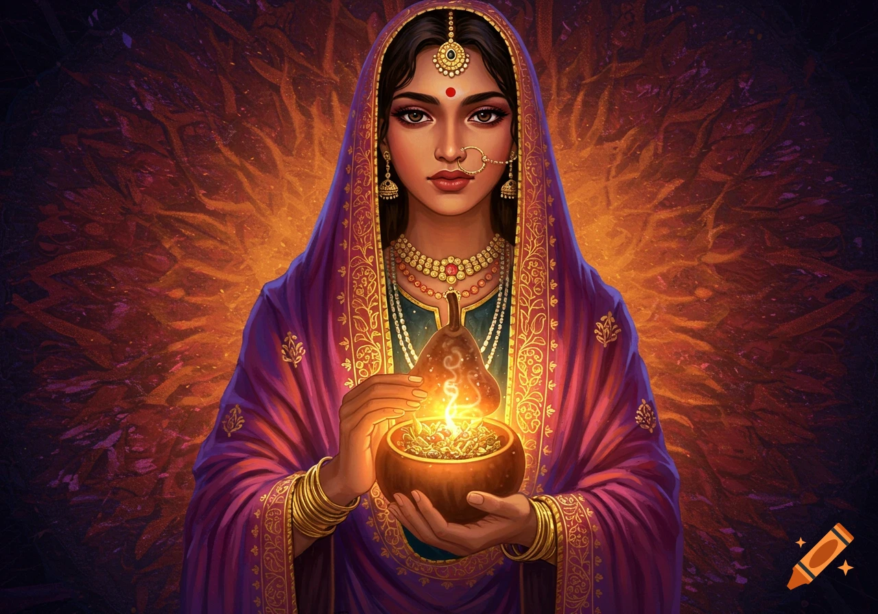 Portrait of a woman in vibrant robes holding a glowing bowl of herbs, fantasy art style.