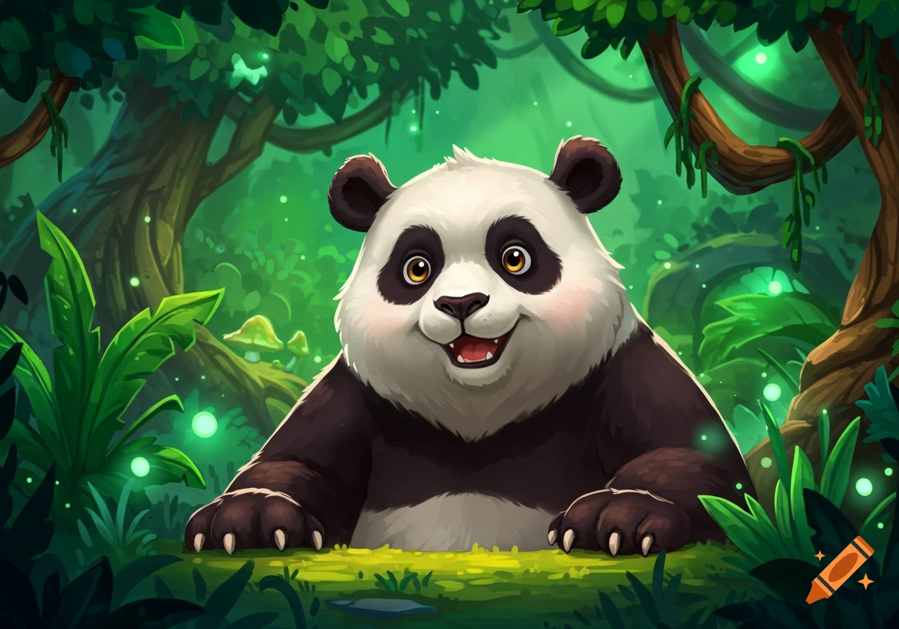 Cartoon panda in a lush green jungle