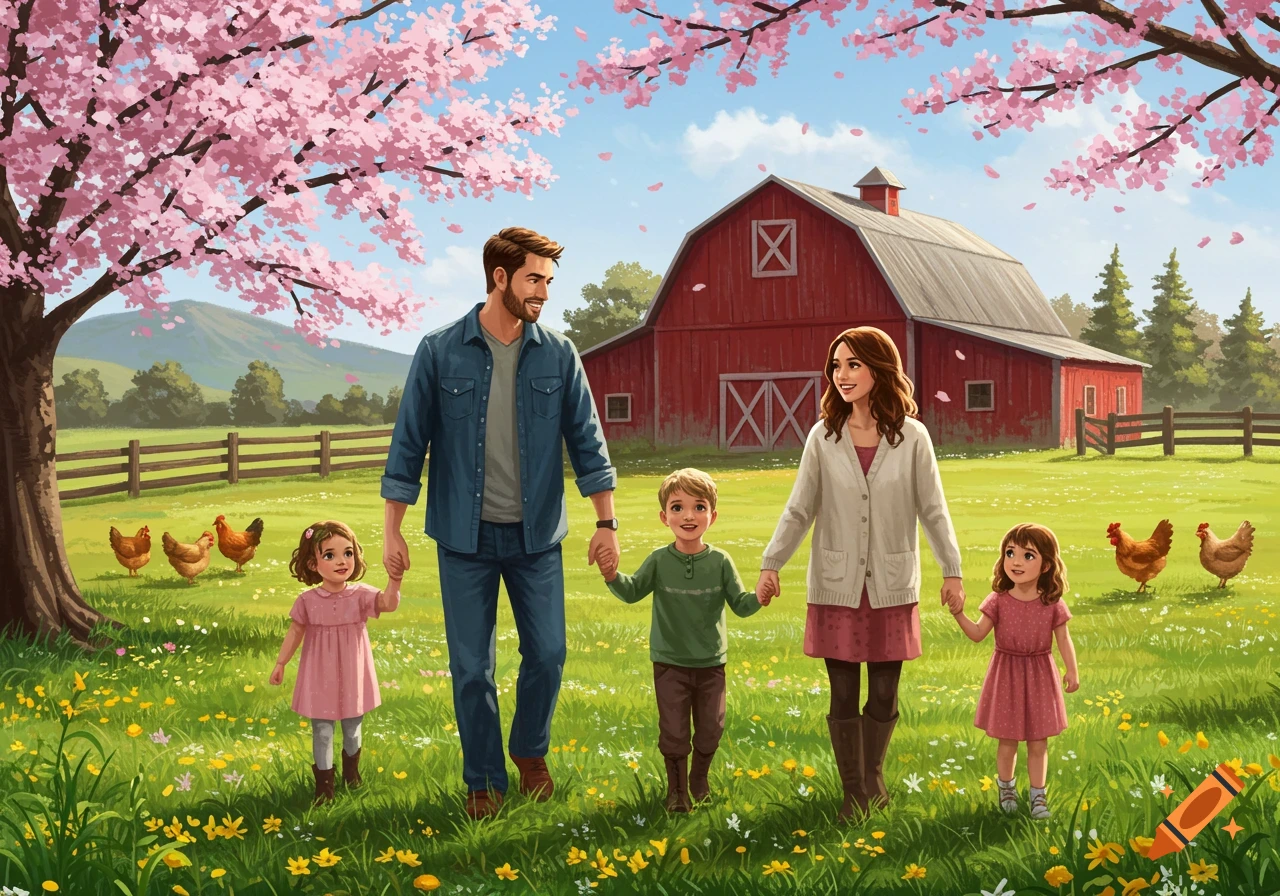 A family walks hand-in-hand through a field with a red barn, chickens, and a cherry blossom tree in the background.