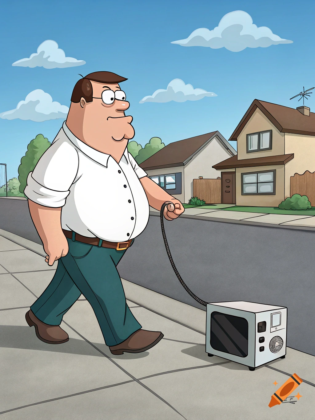 Cartoon of Peter Griffin walking a microwave like a dog on a leash.