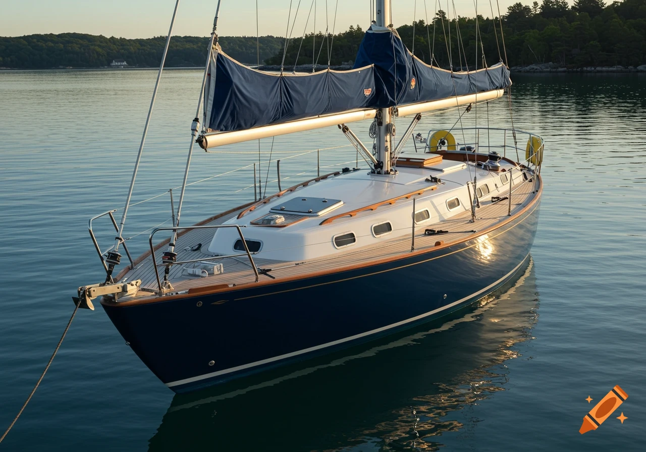 A blue and white sailboat sits on calm water.