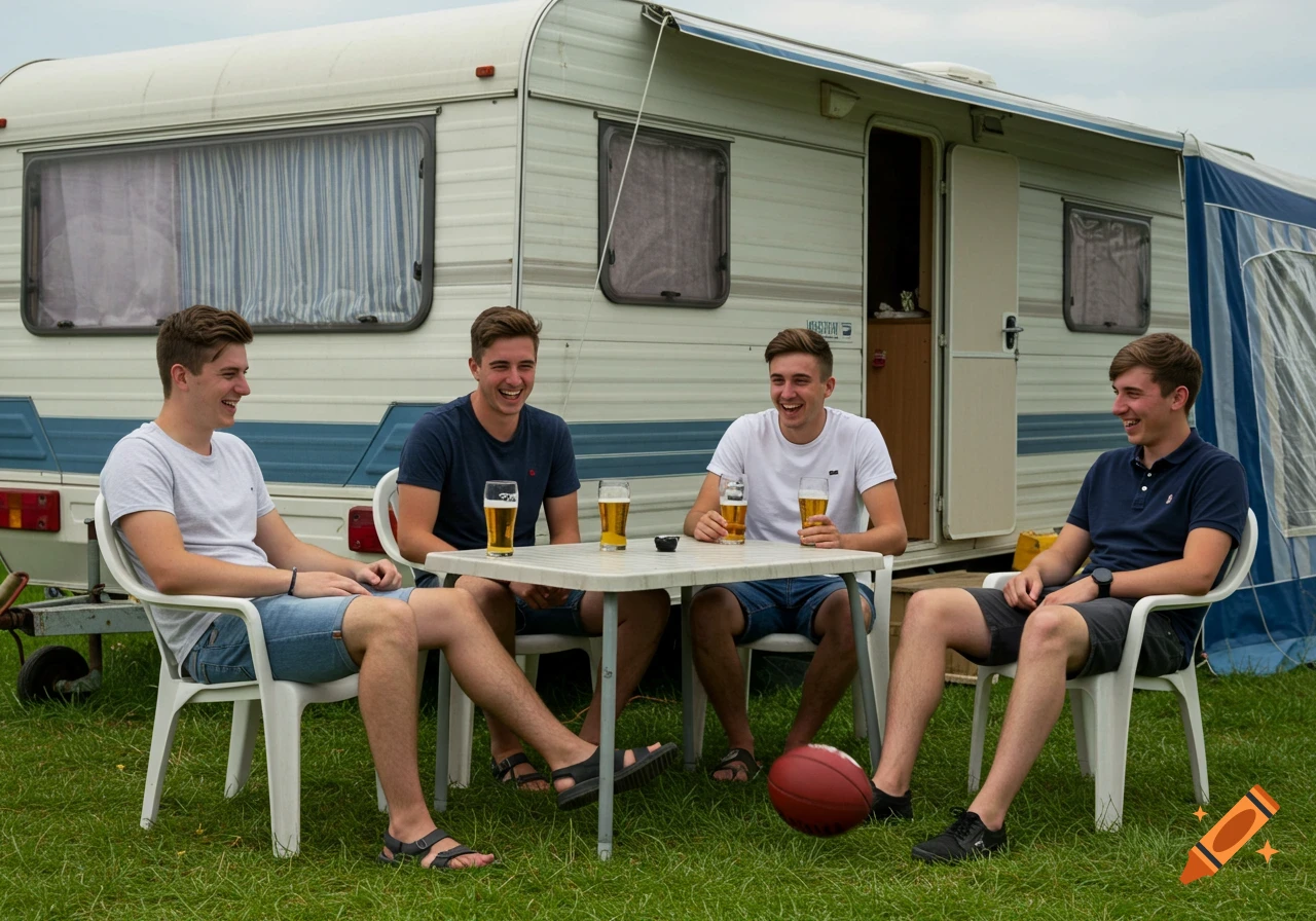 Four men sit and drink beer at a table next to a caravan with a football nearby.