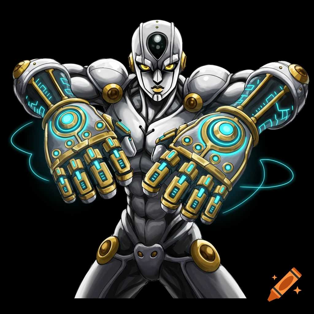 An anime-style character in white armor with large gold and blue glowing gloves.