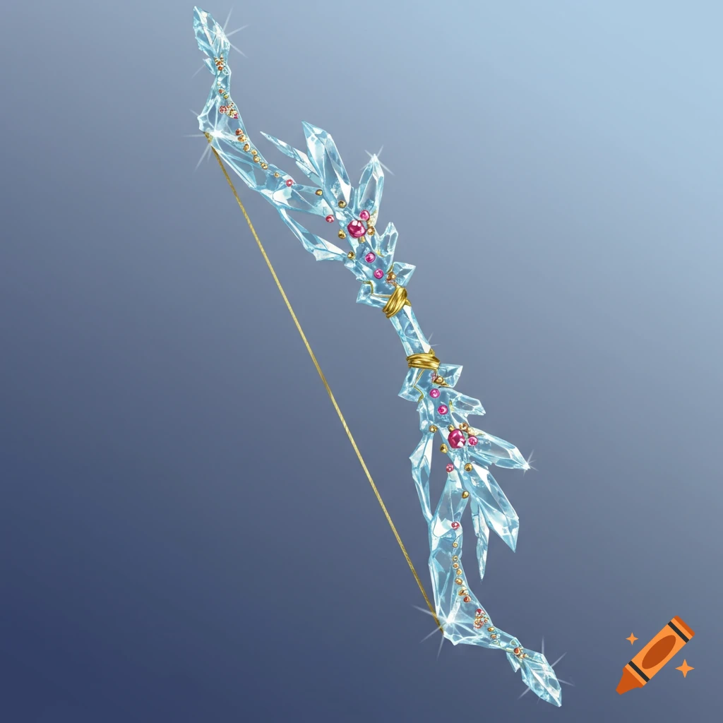 A fantasy crystal bow adorned with red jewels and golden string against a blue background.