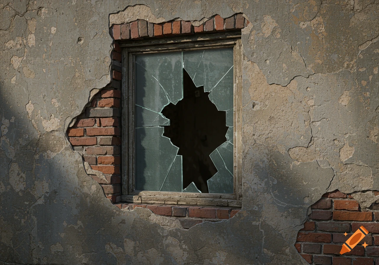 Broken window in a crumbling brick wall