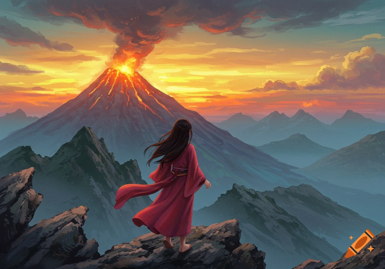 Woman on mountain peak looking at erupting volcano at sunset