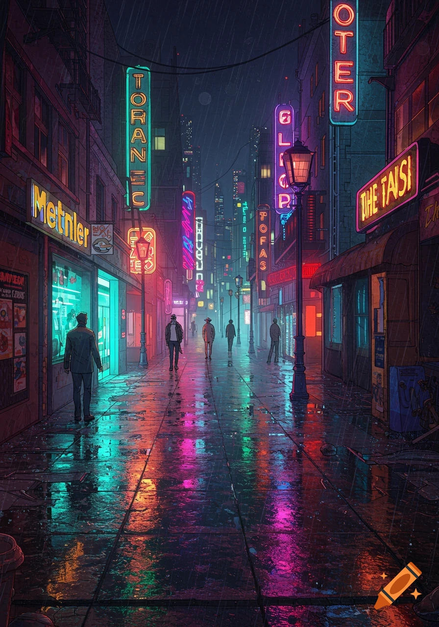 Rainy city street at night with pedestrians and colorful neon signs reflecting on the wet ground.