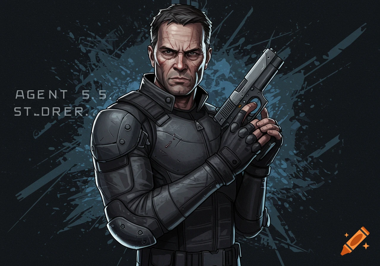 Illustration of a stern agent in tactical gear holding a pistol, with text.