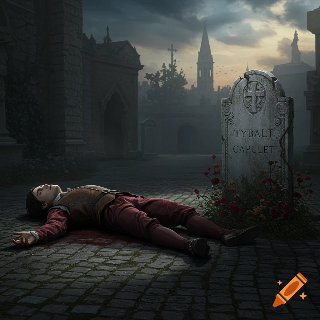 Body lies on ground in cemetery next to a tombstone for Tybalt Capulet. Atmospheric art style.